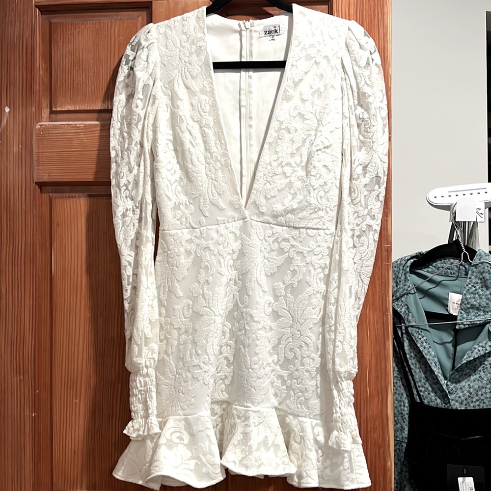 White lace plunge neck dress